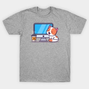 Cute Cat With Computer And Coffee T-Shirt